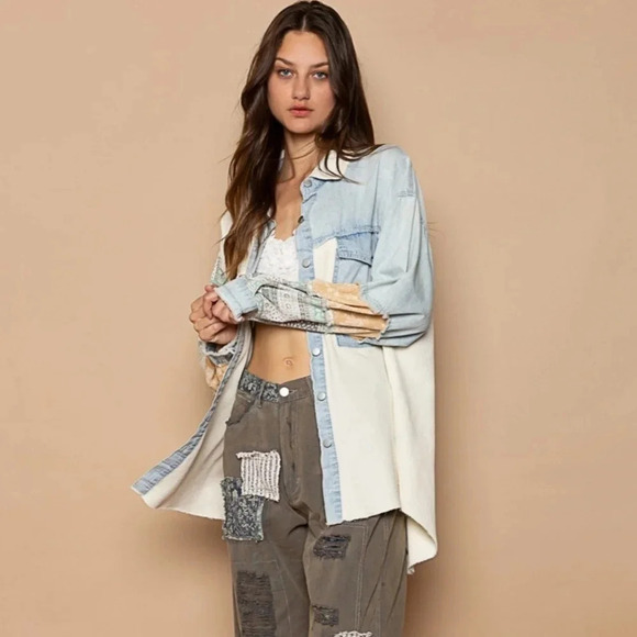 New! POL Oversized Contrast Denim Ivory Fabric Panels Button Down Shacket S - Picture 12 of 13